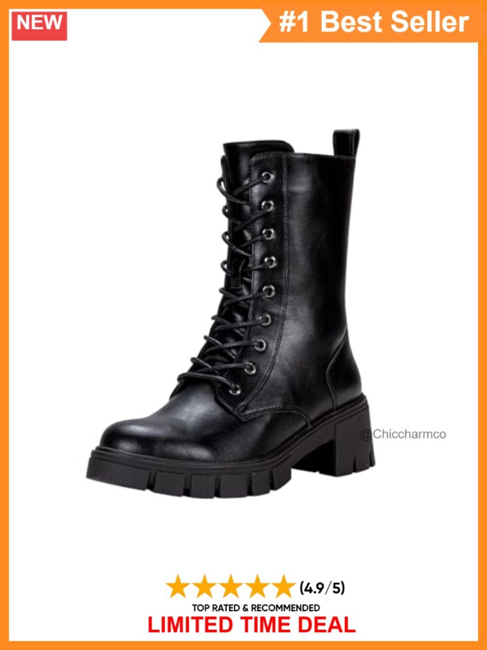 Women's Mid Calf Combat Lace Up Chunky Platform Boots Faux Leather